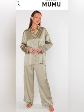 Show Me Your Mumu Always & Forever Button Down Shirt in Moss Green Luxe Satin